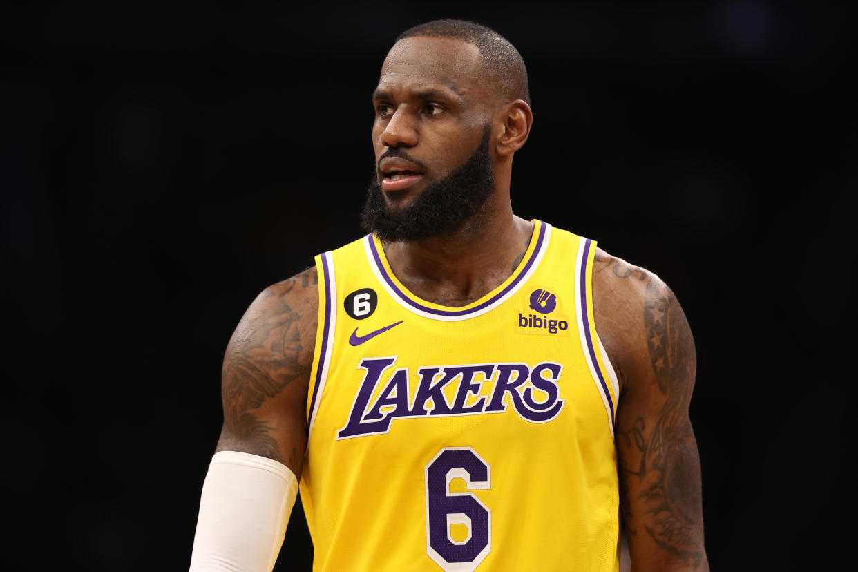 BOSTON, MASSACHUSETTS - JANUARY 28: LeBron James #6 of the Los Angeles Lakers looks on during the second half at TD Garden on January 28, 2023 in Boston, Massachusetts. The Celtics defeat the Lakers 125-121.  (Photo by Maddie Meyer/Getty Images)