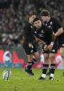 New Zealand's Richie Mo'unga prepares to kick a penalty during the Rugby Championship test between South Africa and New Zealand at Ellis Park Stadium in Johannesburg, South Africa, Saturday, Aug. 13, 2022. (AP Photo/Themba Hadebe)