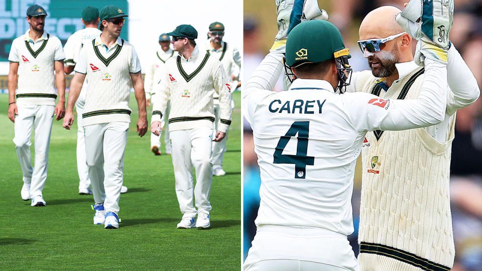 Nathan Lyon and teammates celebrate after Australia's win over New Zealand in the first cricket Test.