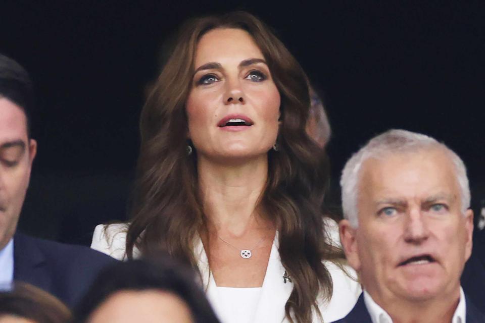 <p>Michael Steele - World Rugby/World Rugby via Getty </p> Kate Middleton supports England at the 2023 Rugby World Cup in Marseille, France. 