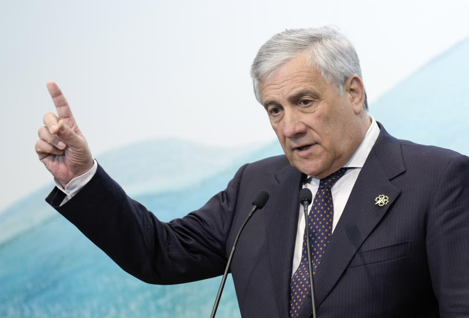 Italy's Foreign Minister Antonio Tajani speaks during a press conference at the end of a G7 Foreign ministers' meeting at the Prince Karuizawa hotel in Karuizawa, Nagano prefecture, Japan, Tuesday, April 18, 2023. (Franck Robichon/Pool Photo via AP)