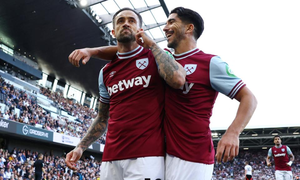 <span>Danny Ings (left) and Carlos Soler celebrate West Ham’s late equaliser in front of the away fans.</span><span>Photograph: Andrew Boyers/Action Images/Reuters</span>