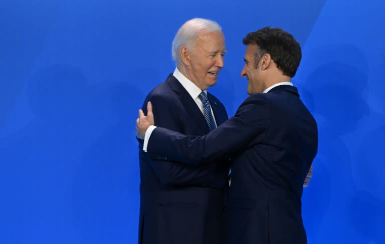 US President Joe Biden has met with several leaders including his French counterpart Emmanuel Macron (R) during a NATO summit in Washington, even as the American faces mounting questions from within his Democratic Party about his fitness for the job (Mandel NGAN)