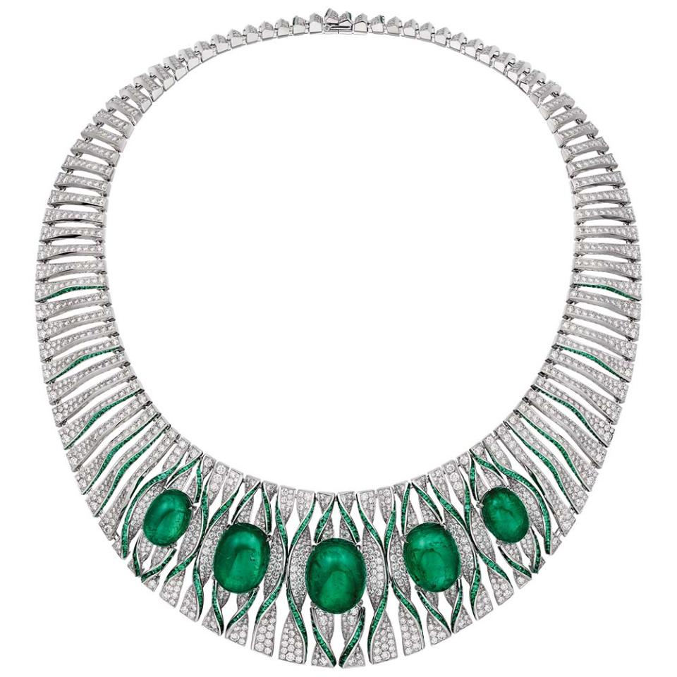 Five oval cabochon-cut emeralds totaling 86.92 carats form the centerpiece of Cartier’s Beautés du Monde high-jewelry necklace. Stephanie Hsu wore ruby-and-onyx Cartier earrings to February’s SAG Awards; price upon request, at Cartier, Beverly Hills