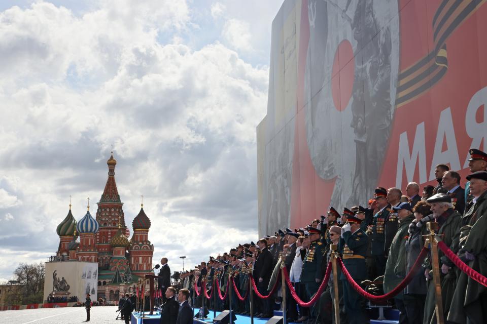 Russian President Vladimir Putin delivers his speech during the Victory Day military parade marking the 77th anniversary of the end of World War II in Moscow, Russia, Monday, May 9, 2022. (Mikhail Metzel, Sputnik, Kremlin Pool Photo via AP)