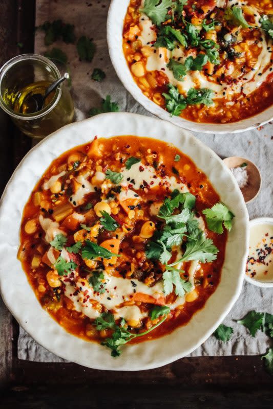 <p>Rebel Recipes</p><p>Rich, wholesome lentils and chickpeas in a lovely warming spiced tomato sauce.</p><p><strong>Get the recipe: <a href="https://www.rebelrecipes.com/moroccan-spiced-lentil-chickpea-soup/" rel="nofollow noopener" target="_blank" data-ylk="slk:Moroccan Spiced Lentil Chickpea Soup;elm:context_link;itc:0;sec:content-canvas" class="link ">Moroccan Spiced Lentil Chickpea Soup</a></strong></p>