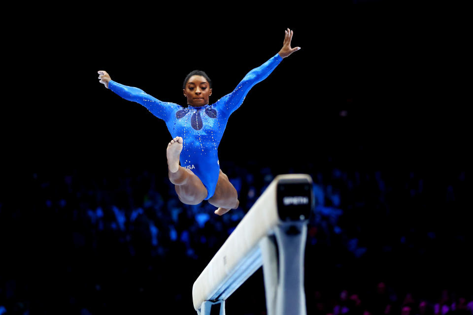 Simone Biles of Team United States competes on Balance Beam during the Women's All Around Final. / Credit: Naomi Baker / Getty Images