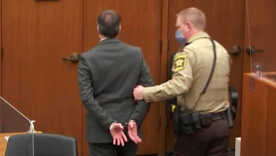 In this image from video, former Minneapolis police Officer Derek Chauvin is taken into custody after the verdicts were read at Chauvin’s trial for the 2020 death of George Floyd.