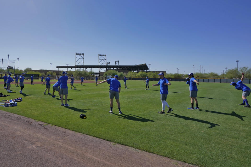 Israel Olympic baseball players work out at Salt River Fields spring training facility, Wednesday, May 12, 2021, in Scottsdale, Ariz. Israel has qualified for the six-team baseball tournament at the Tokyo Olympic games which will be its first appearance at the Olympics in any team sport since 1976. (AP Photo/Matt York)