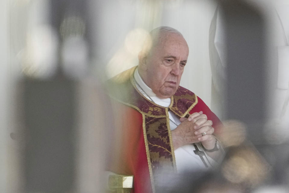 Pope Francis presides over a Mass at the Expo Grounds in Nur-Sultan, Kazakhstan, Wednesday, Sep. 14, 2022. Pope Francis is on the second day of his three-day trip to Kazakhstan. (AP Photo/Alexander Zemlianichenko)