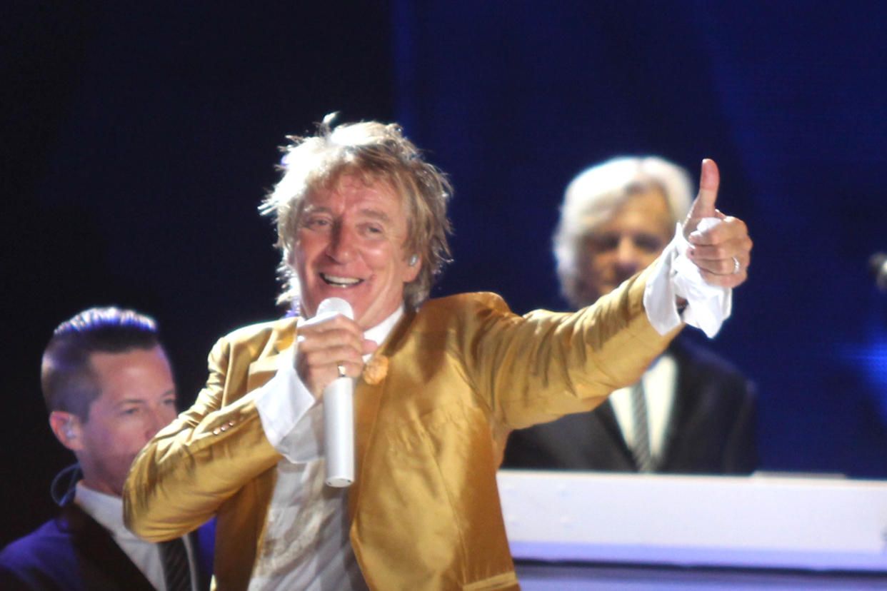 Rod Stewart performs a concert live on stage during Rock in Rio 2015 held in Rio de Janeiro, Brazil on September 21, 2015. (Photo by Antonio Cicero / Fotoarena) *** Please Use Credit from Credit Field ***