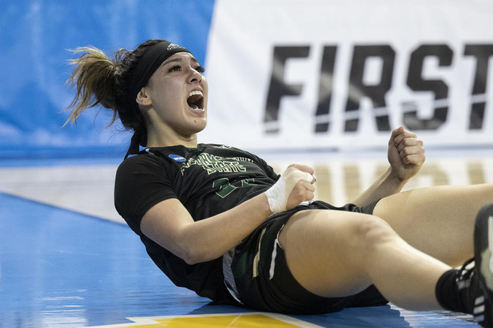 Sacramento State guard Jordan Olivares reacts after drawing a foul and scoring a basket against UCLA during the first half of a first-round college basketball game in the women's NCAA Tournament, Saturday, March 18, 2023, in Los Angeles. (AP Photo/Kyusung Gong)