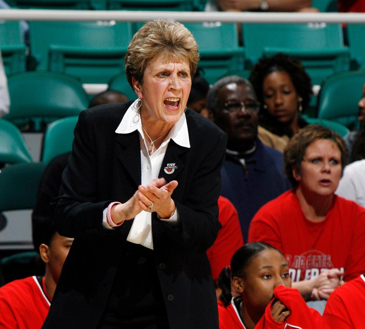 Kay Yow yells during North Carolina State's 64-60 win over Florida State on March 3, 2006.