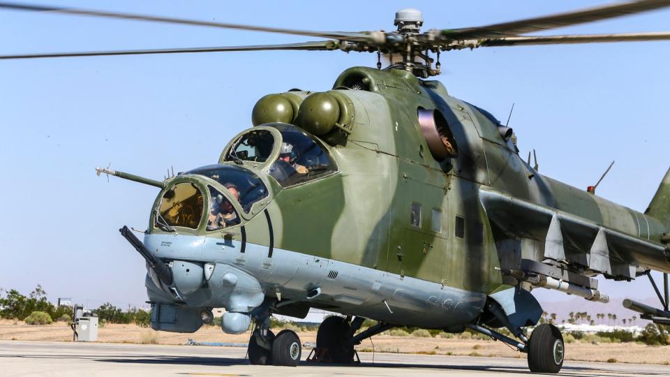 A privately owned Mi-24 used for as an opposition force (OPFOR) asset during training, in this case at the Marine Weapons Tactics Instructor (WTI) course. (U.S. Marine Corps photograph by SSgt. Artur Shvartsberg, MAWTS-1 COMCAM/ Released)