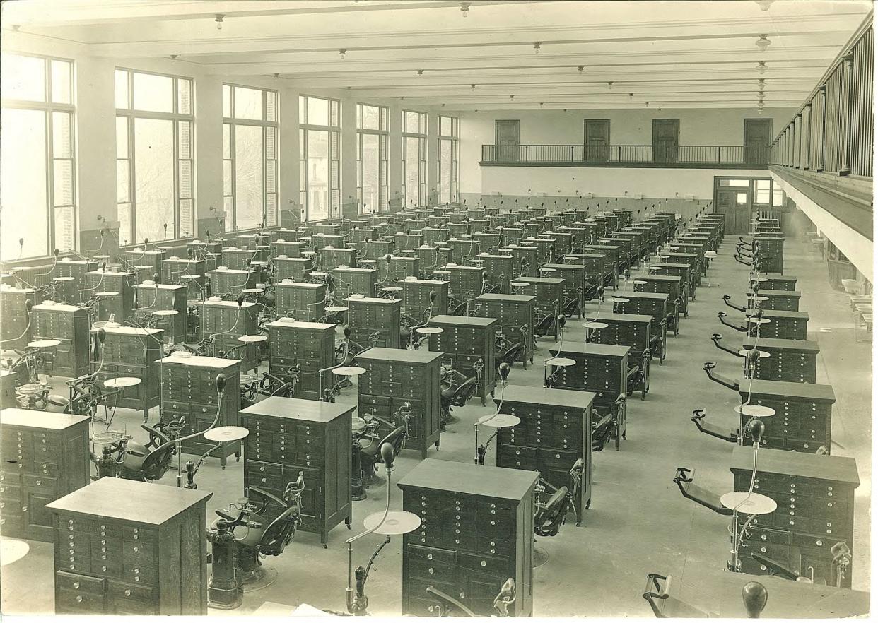 This massive clinic floor at the University of Iowa School of Dentistry was once packed with dental chairs and wooden cabinet stations for more than 100 dental students to treat patients. It is just one of some 250 historic photos in Tom Schulein’s new book.