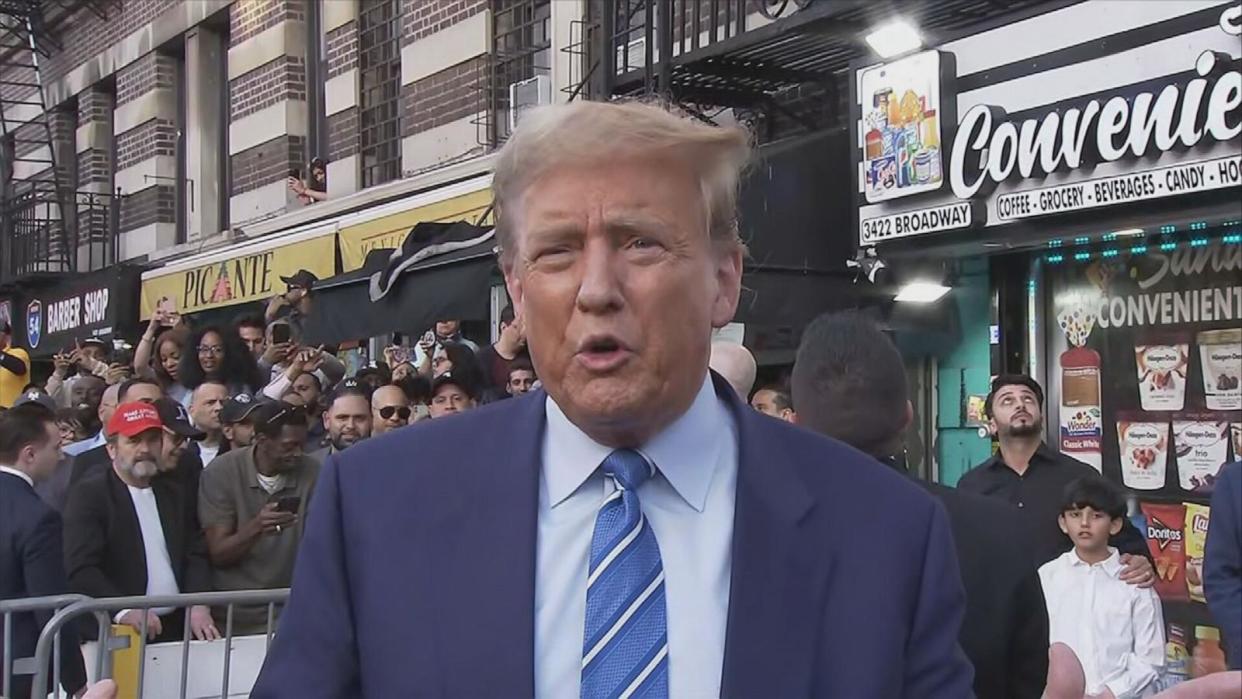 PHOTO: Former President Donald Trump visits a New York bodega for a campaign stop after court, April 16, 2024.  (ABC News)