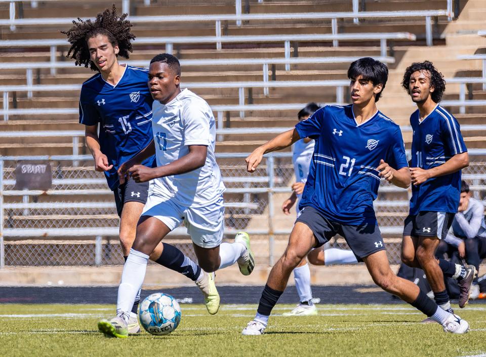 Northeast Raiders forward Augustine Bitomwa (17) sets up his drive for the a goal against the LASA Raptors during the second half at the District 24-5A boys soccer game on Saturday, Mar 3, 2024, at Nelson Field in Austin, Texas.