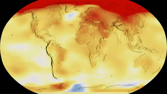Anomalias de temperatura ao redor do globo entre 2017 e 2021, as áreas mais quentes estão em vermelho e as mais frias em azul (Imagem: NASA/Reprodução)
