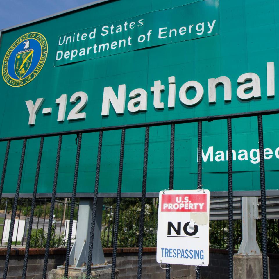 FILE - In this Aug. 17, 2012, file photo, a sign warns against trespassing onto the Y-12 National Security Complex in Oak Ridge, Tenn. Three nuclear protesters, including an octogenarian nun, are scheduled to be sentenced on Tuesday, Jan. 28, 2014, for their convictions for breaking into the facility and painting slogans on the outside wall of its uranium processing plant. (AP Photo/Erik Schelzig, file)