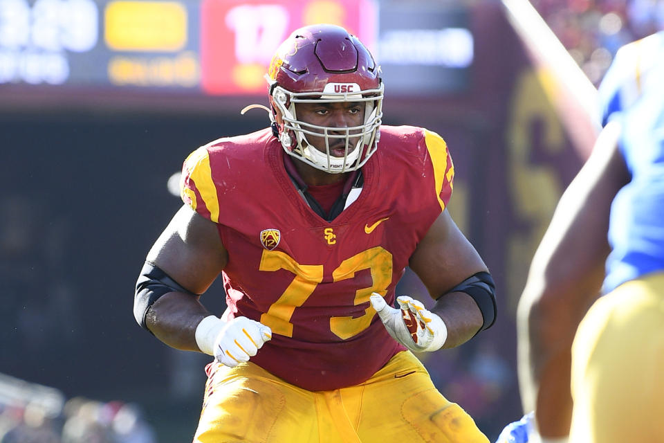 USC offensive lineman Austin Jackson could use a good positional workout at the combine. (Photo by Brian Rothmuller/Icon Sportswire via Getty Images)