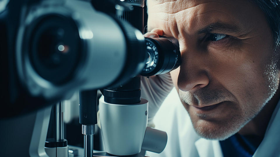 A surgeon examining a patient's eyes with a microscope, focusing on locating defects in vision.