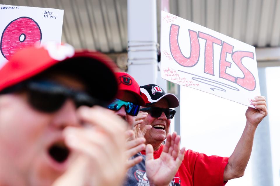 Utah fans celebrate during the third game of the NCAA softball Super Regional between Utah and San Diego State at Dumke Family Softball Stadium in Salt Lake City on Sunday, May 28, 2023. | Ryan Sun, Deseret News