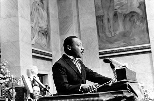 In this file photo, the Rev. Martin Luther King Jr., delivers his Nobel Peace Prize acceptance speech in the auditorium of Oslo University in Norway on Dec. 10, 1964. King, the youngest person to receive the Nobel Peace prize, is recognized for his leadership in the American civil rights movement and for advocating nonviolence.