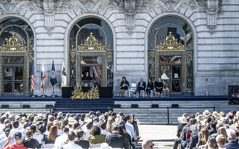 Vice President Harris speaks at the funeral of Sen. Diane Feinstein (D-Calif.) on the steps of City Hall