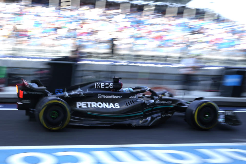 Mercedes driver George Russell of Britain drives down pit lane during the first practice session for the Formula One Miami Grand Prix auto race, Friday, May 5, 2023, at the Miami International Autodrome in Miami Gardens, Fla. (AP Photo/Lynne Sladky)