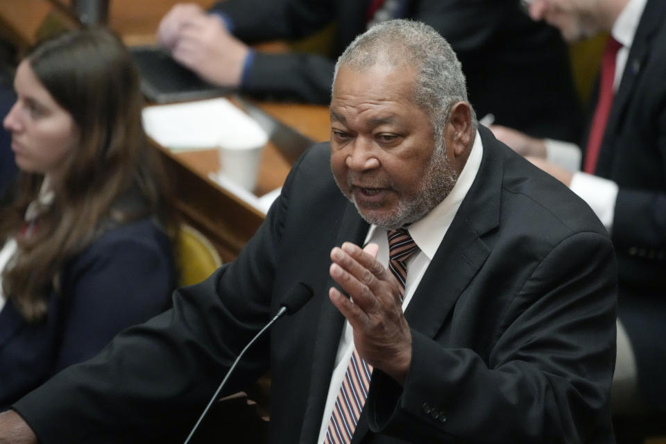 Mississippi State House Rep. Willie Bailey, D-Greenville, argues against an amendment in the House of Representatives chamber, Thursday, April 4, 2024, at the Mississippi Capitol in Jackson, Miss. (AP Photo/Rogelio V. Solis)