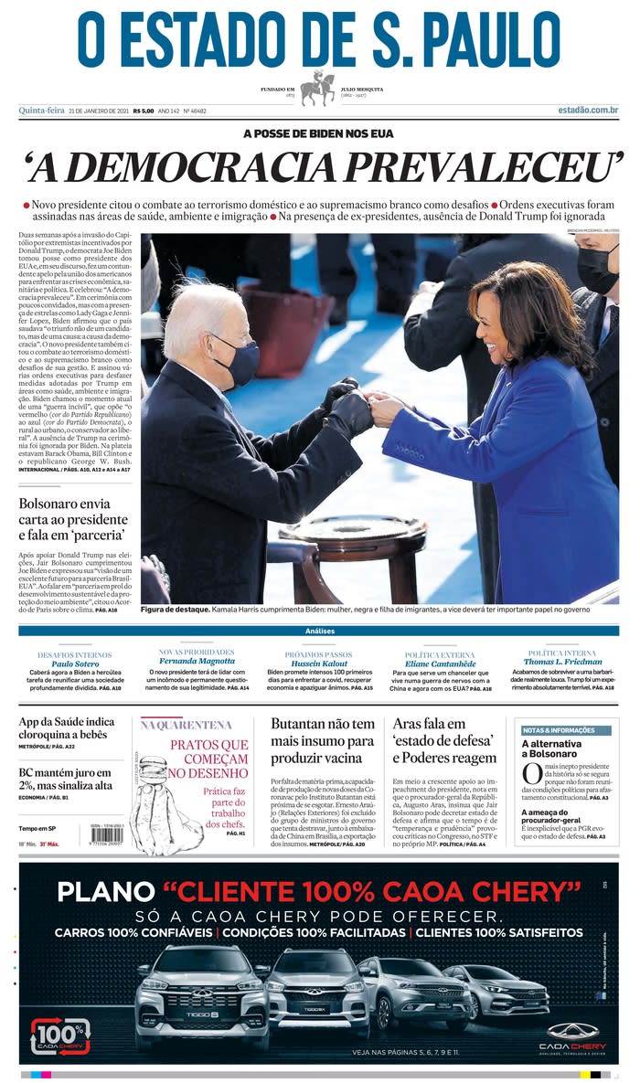 January 21, 2021, front page of O Estado de S. Paulo, Brazil
