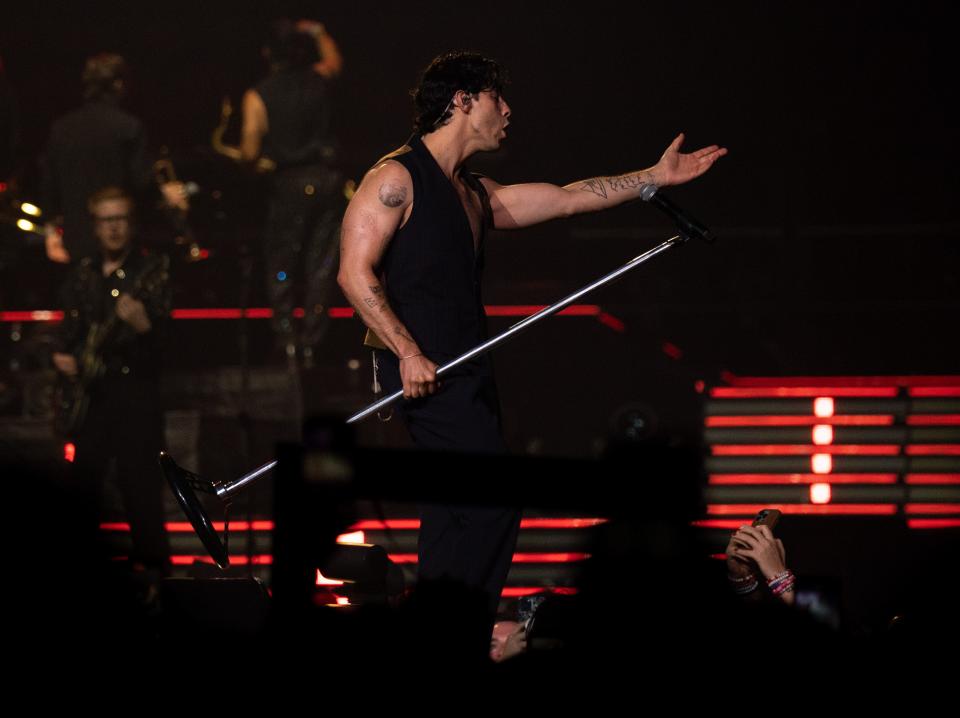 Joe Jonas performs with the Jonas Brothers at Bridgestone Arena in Nashville, Tenn., Monday, Oct. 9, 2023.