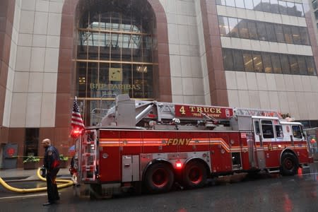 New York City Fire Department truck seen outside 787 7th Avenue in midtown Manhattan where helicopter crashed in New York