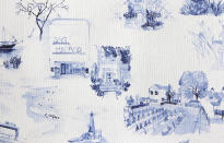 This undated photo shows New York-based textile design studio Eskayel's new pattern called Out East. Founder Shanan Campanaro's watercolor toile paintings were drawn from photos of the Hamptons sourced through interior design firm Curious Yellow. Montauk landmarks like the lighthouse and clam bar, Sag Harbor's windmill and theater, and Sagaponack's vineyards and stables are among the charming images. (Eskayel via AP)