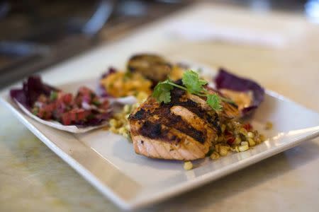 A Slightly Spicy Grilled Salmon plate is pictured at Kate Mantilini restaurant in Beverly Hills, California June 4, 2014. REUTERS/Mario Anzuoni