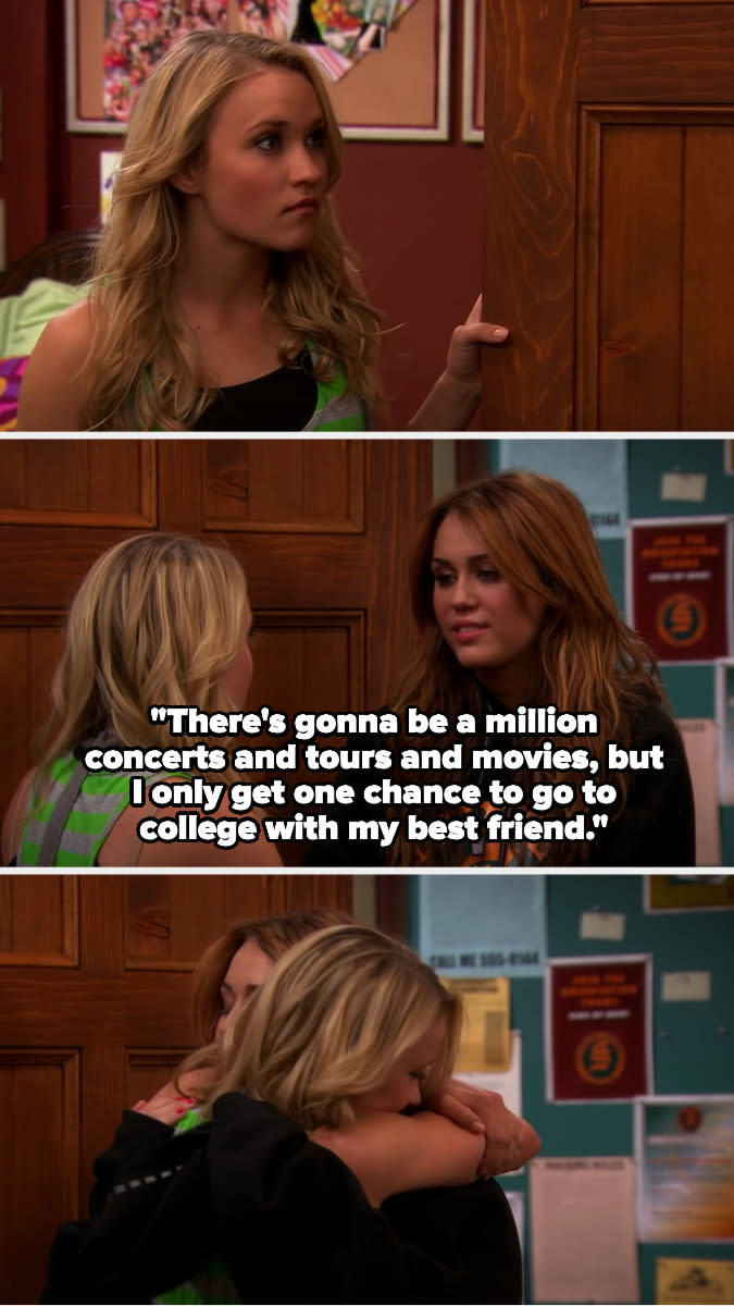 Lilly is shocked to see Miley. Miley tells her that there will be a million concerts, tours, and movies, but she only gets one chance to go to college with her best friend