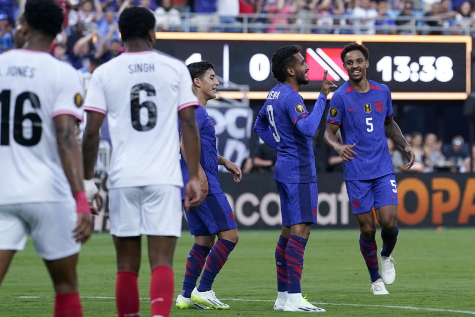 United States forward Jesús Ferreira celebrates his first goal against Trinidad and Tobago during the first half of a CONCACAF Gold Cup soccer match on Sunday, July 2, 2023, in Charlotte, N.C. (AP Photo/Chris Carlson)