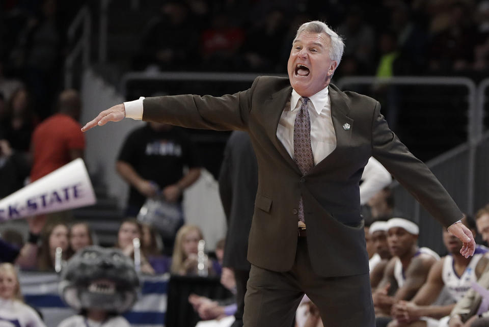 Kansas State head coach Bruce Weber gestures during the first half of a first round men's college basketball game in the NCAA Tournament against UC Irvine Friday, March 22, 2019, in San Jose, Calif. (AP Photo/Chris Carlson)