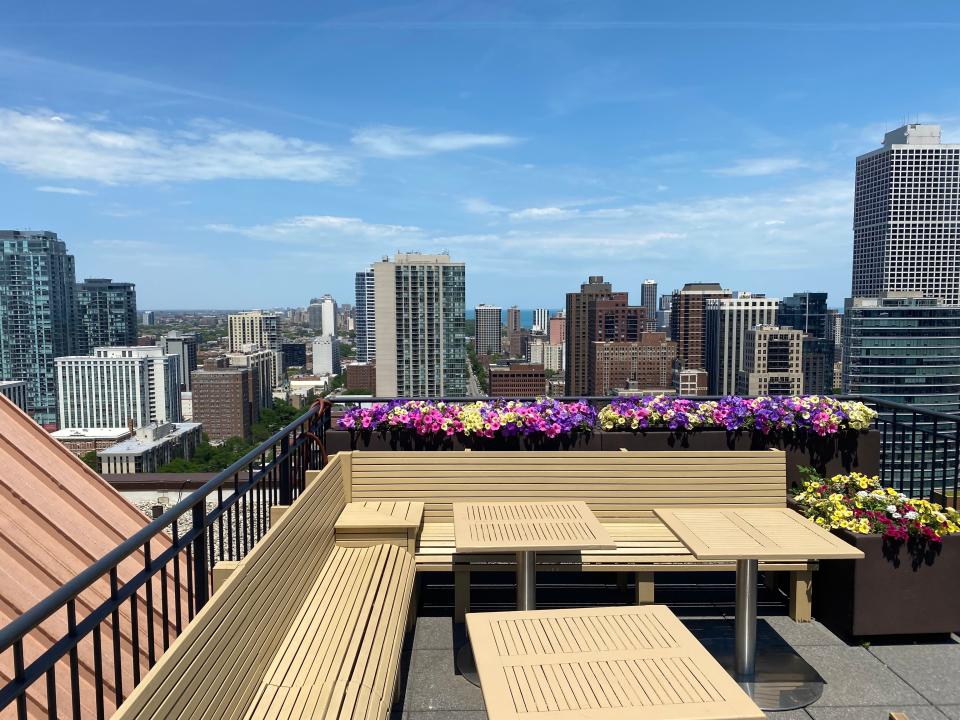 view of the chicago skyline and lake michigan from rooftop at 100 w chestnut