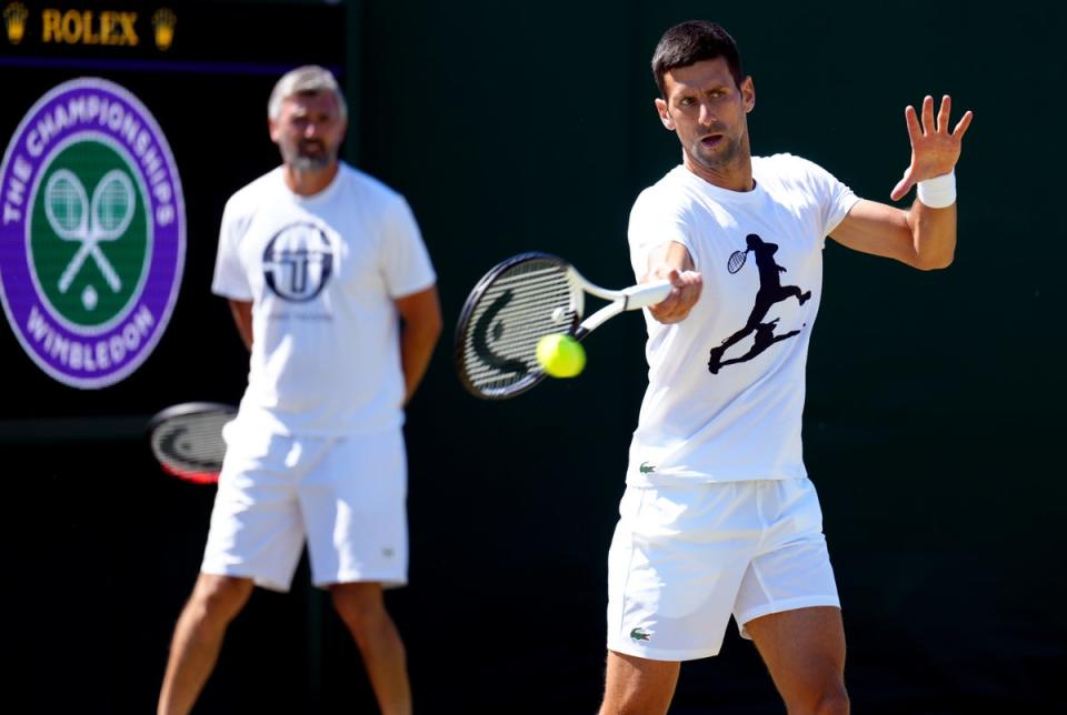 Novak Djokovic during a practice session on the men’s singles final day of the 2022 Wimbledon Championships (John Walton/PA) (PA Wire)