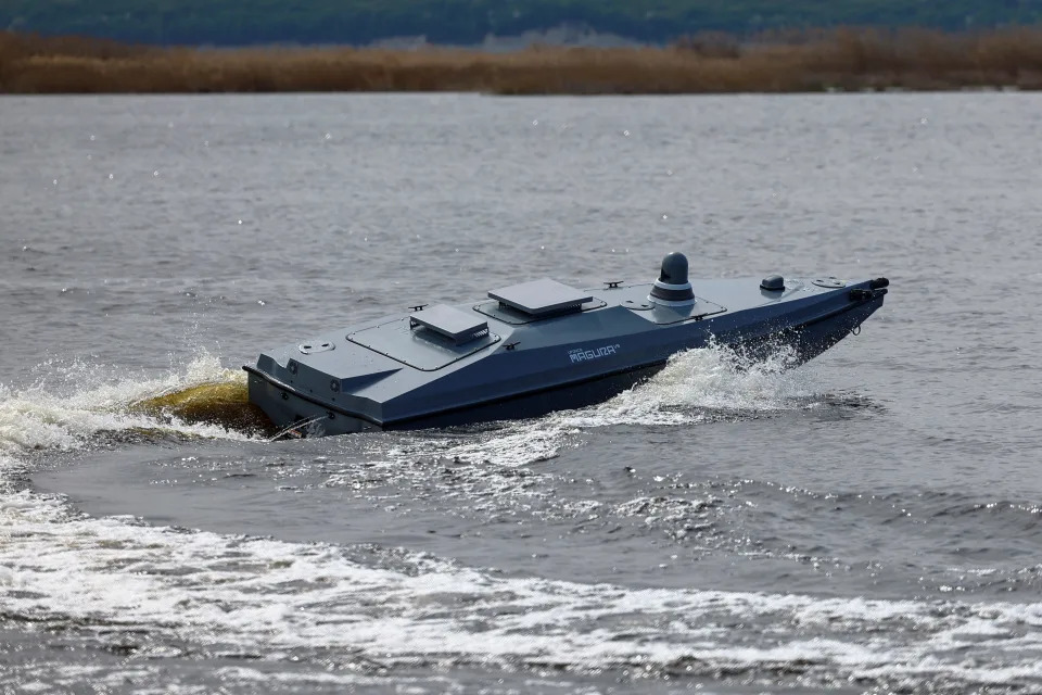 A Ukrainian Magura V5 drone is seen on water during an exhibition of military equipment and weapons at an undisclosed location on April 13, 2024.