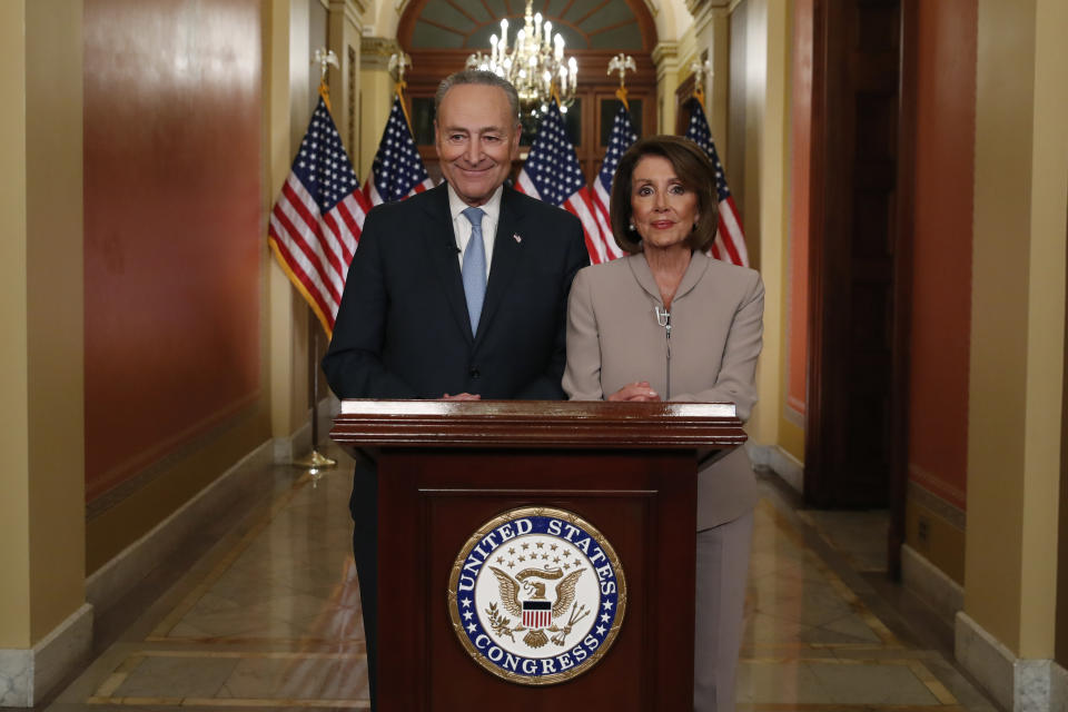 House Speaker Nancy Pelosi, D-Calif., and Senate Minority Leader Chuck Schumer, D-N.Y., speak on Capitol Hill on Jan. 8, 2019. (AP Photo/Alex Brandon)