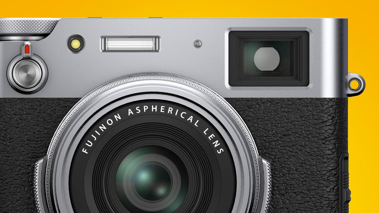  The Fujifilm X100V camera on a yellow background. 