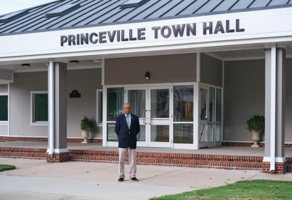 Mayor Bobbie Jones stands in front of Princeville’s rebuilt town hall