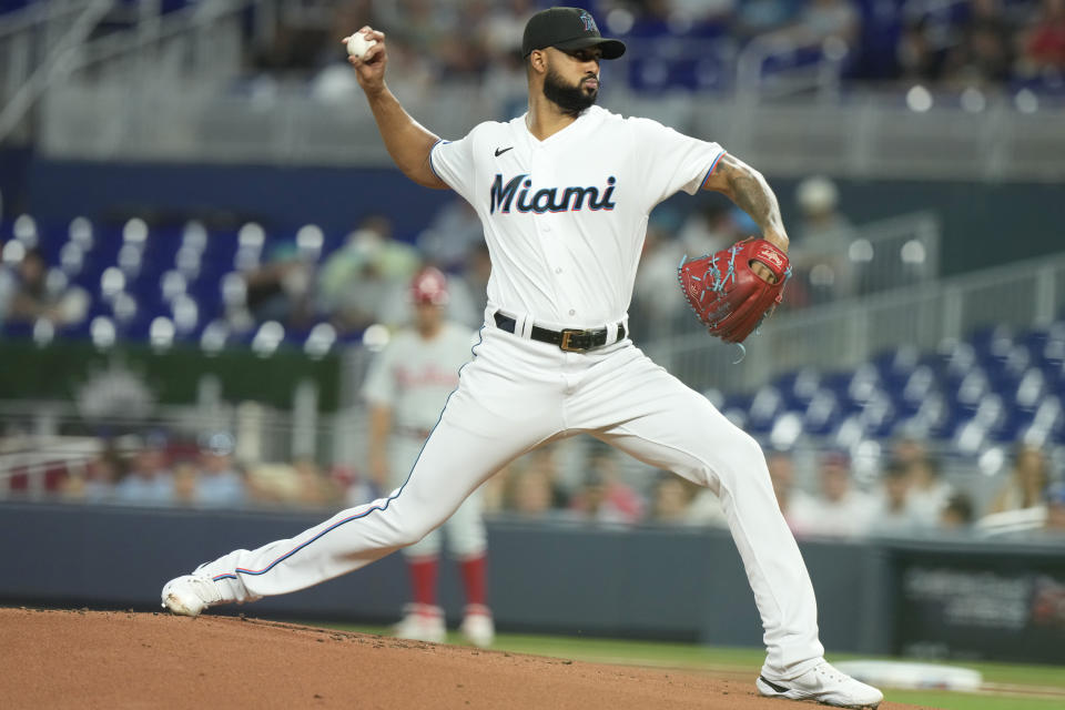 Miami Marlins starting pitcher Sandy Alcantara aims a pitch during the first inning of a baseball game against the Philadelphia Phillies, Tuesday, Aug. 1, 2023, in Miami. (AP Photo/Marta Lavandier)