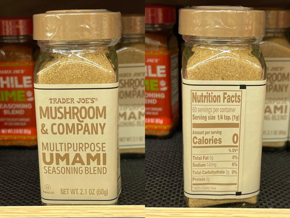 Umami seasoning on shelf at Trader Joe's; Nutrition facts on back of Umami seasoning