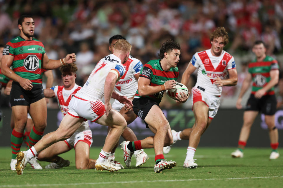 SYDNEY, AUSTRALIA - FEBRUARY 17:  Tallis Duncan of the Rabbitohs takes on the defence during the NRL Pre-Season Challenge round one match between St George Illawarra Dragons and South Sydney Rabbitohs at Netstrata Jubilee Stadium on February 17, 2024 in Sydney, Australia. (Photo by Matt King/Getty Images)