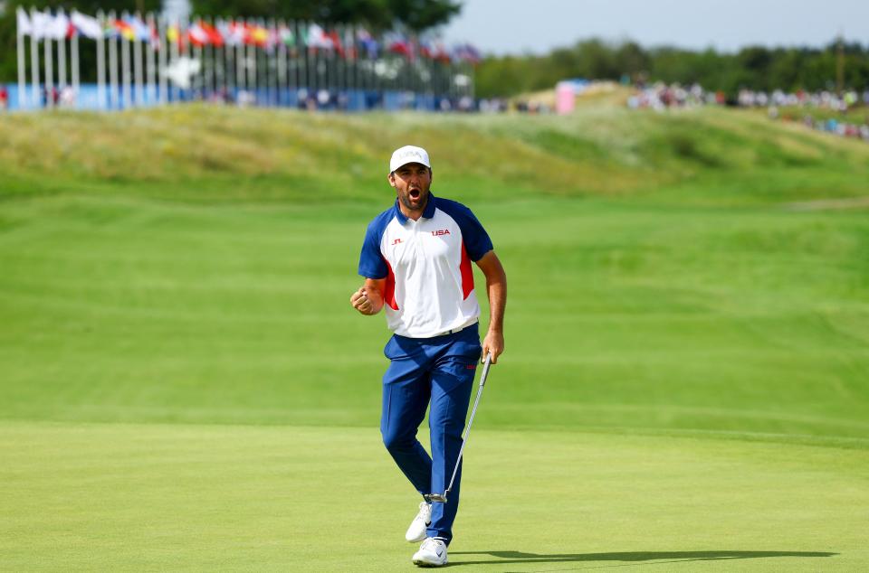 American golfer Scottie Scheffler reacts during the final round of the men's golf tournament at the Paris Olympics at Le Golf National in Guyancourt, France on Aug. 4, 2024.