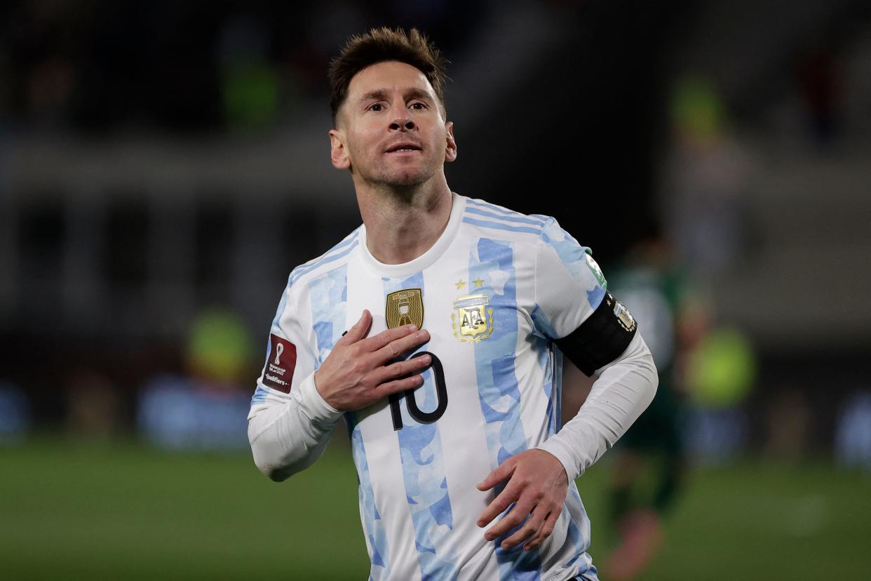 Argentina's Lionel Messi celebrates after scoring against Bolivia during the South American qualification football match for the FIFA World Cup Qatar 2022 at the Monumental Stadium in Buenos Aires on September 9, 2021. (Photo by Juan Ignacio RONCORONI / POOL / AFP) (Photo by JUAN IGNACIO RONCORONI/POOL/AFP via Getty Images)