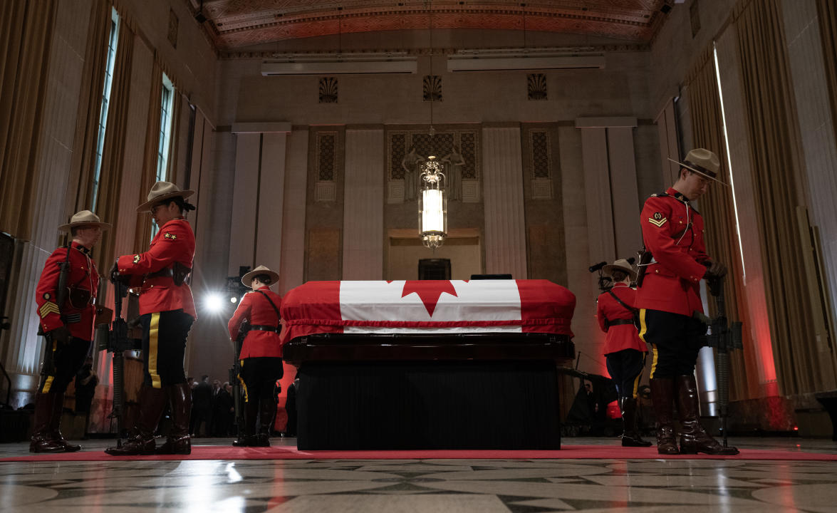 The vigil sentinels as seen around the casket of former prime minster Brian Mulroney, Tuesday, March 19, 2024 in Ottawa.  THE CANADIAN PRESS/Adrian Wyld